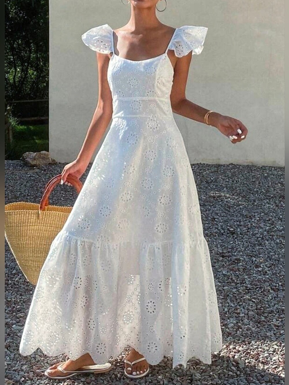 New Embroidered Eyelet Lace Ruffle Sleeve Cami Maxi Dress White - Picture 2 of 9